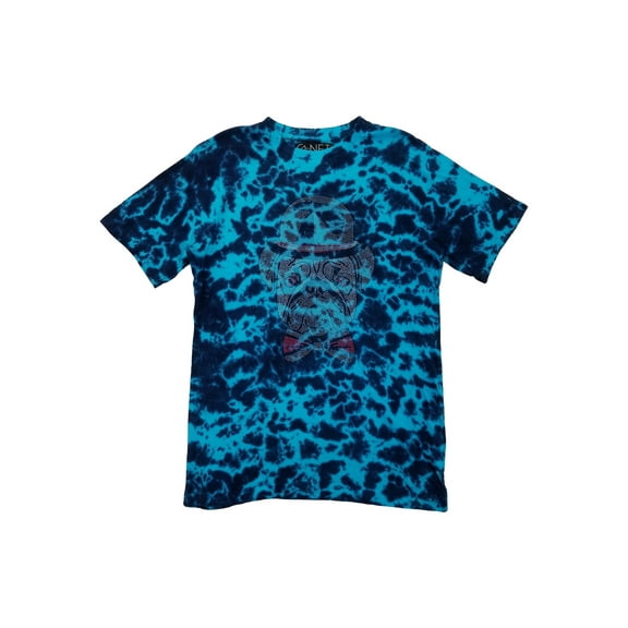 G-Net Mens Blue Tie-Dye Rhinestone Pug Dog Hat & Bow Short Sleeve T-Shirt M