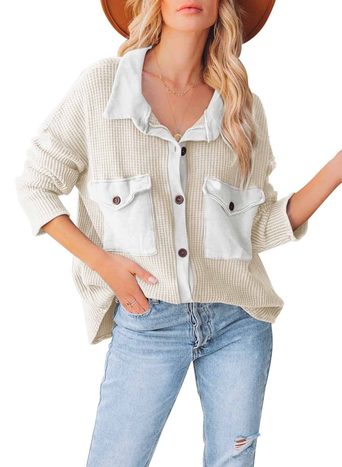 EVALESS Womens Winter Waffle Knit Button Down Shacket Long Sleeve Solid