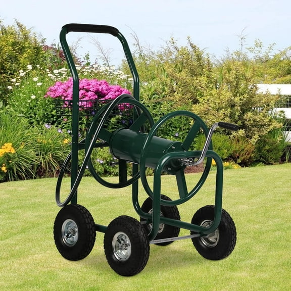 Dkelincs Garden Hose Reel Cart with Wheels 300 Ft of 5/8 in×6Ft Steel Portable Water Hose Reel with Storage Basket, Green