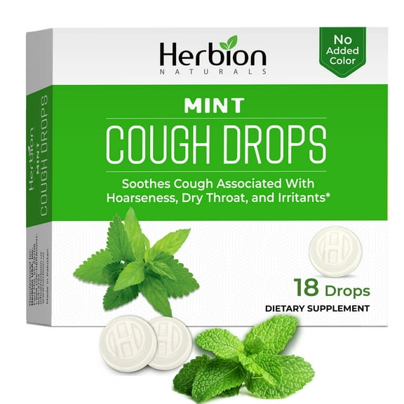 Herbion Naturals Cough Drops with Natural Mint Flavor, Dietary Supplement, Soothes Cough, For Adults and Children over 6 years, 18 Drops, No Artificial Flavor, No Added Color