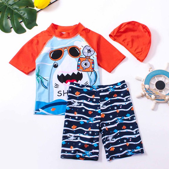 Baby Swimsuit Boy Toddler Boys Shark Print Three Piece Swimsuits Set with Hat Boys Bathing Suit Sky Blue 6-7 Years
