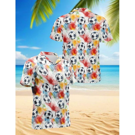 Soccer Ball Hawaiian Shirt for Men, Sporty Style, Button Down Summer Beach Short Sleeve, S-5XL
