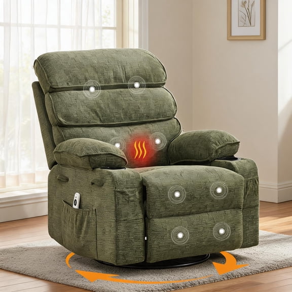 Swivel Glider Rocker Recliner Chair with Massage & Heat, Manual Linen Upholstered Nursing Recliner with Vibration, Side Pocket & 2 Cup Holders, for Living Room/Bedroom/Home Theater, Green