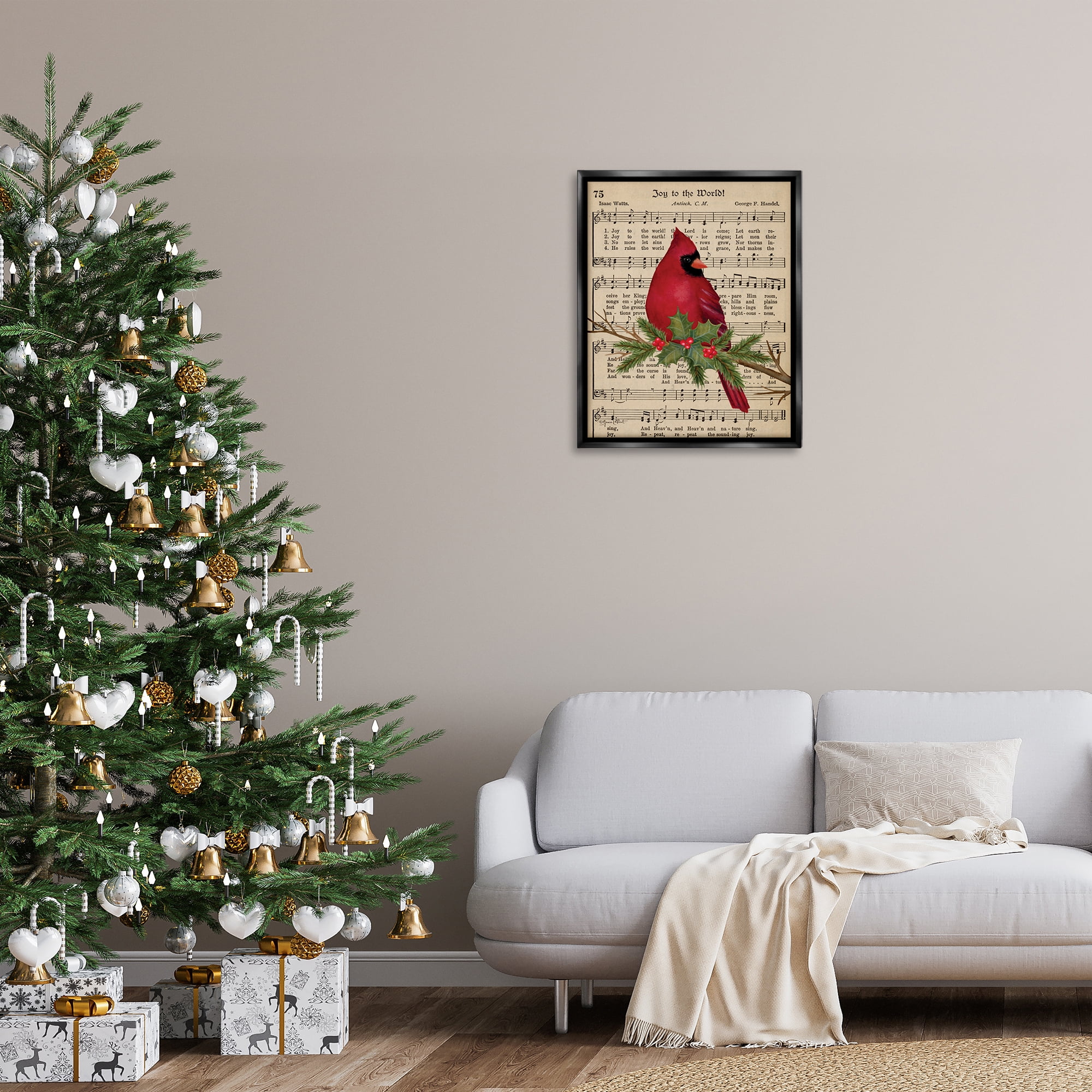 Stupell Industries Cardinal on Holiday Music Holiday Painting Black Floater Framed Canvas Art Prints Wall Art, 25 x 31