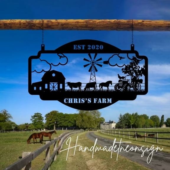 Handmadetneonsign Personalized Outdoor Farm Name Sign Hanging Metal Sign, Farm Name Outdoor Hanging