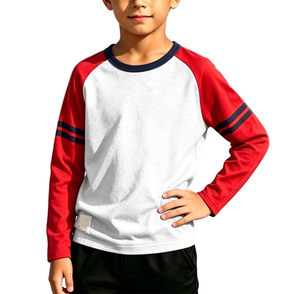LUGOGNE Tshirts for Kids Boys Raglan Long Sleeve Crewneck Pullover Tops Color Block Casual Everyday Undershirts Red,9-10 Years