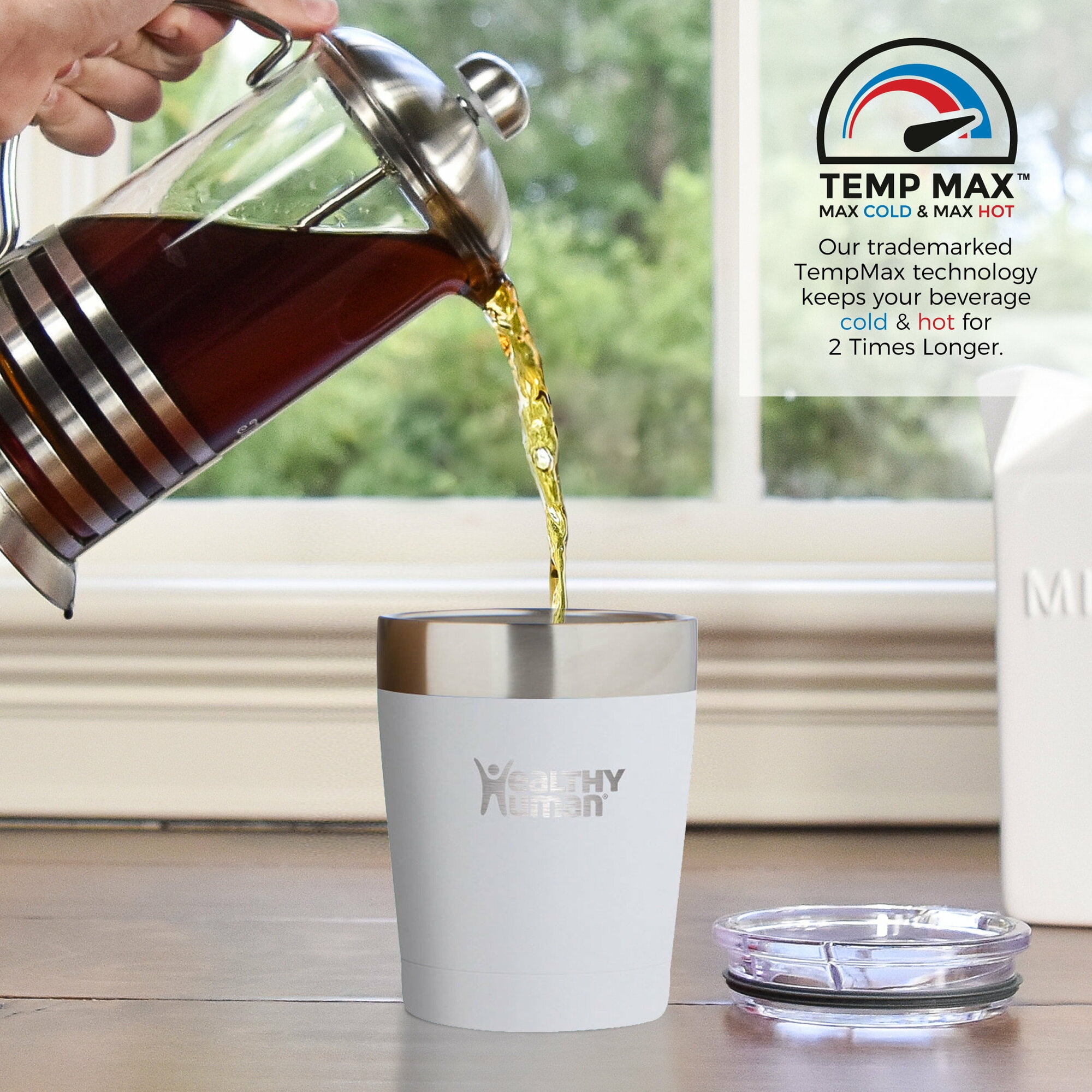 Healthy Human Stainless Steel Tumbler with Straw | Splash Proof Insulated Travel Cruiser Cup | Eco-Friendly Coffee Tumblers with Straws Cleaner & Splash Proof Lid (12oz, Pure White)