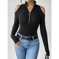 thumbnail image 5 of Women'S V-Neck Cold Shoulder Long Sleeve Blouse Shirt Slim Lace-Up Ribbed Stretchy T-Shirt Top Black XXL, 5 of 9