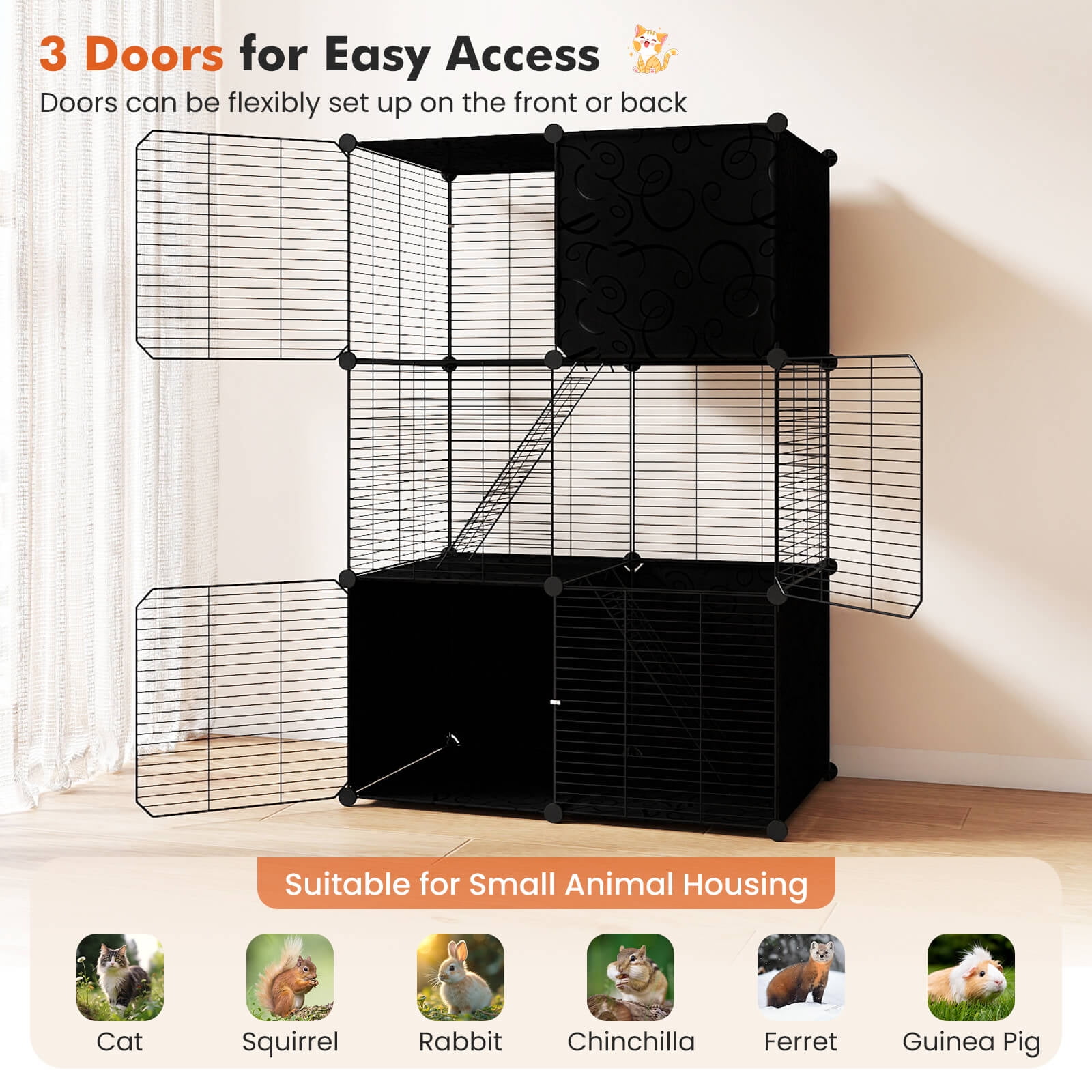 Costway 3-Tier Indoor Metal Wire Kitten Enclosure with 2 Ramps, Pet Pen for Small Animal Black