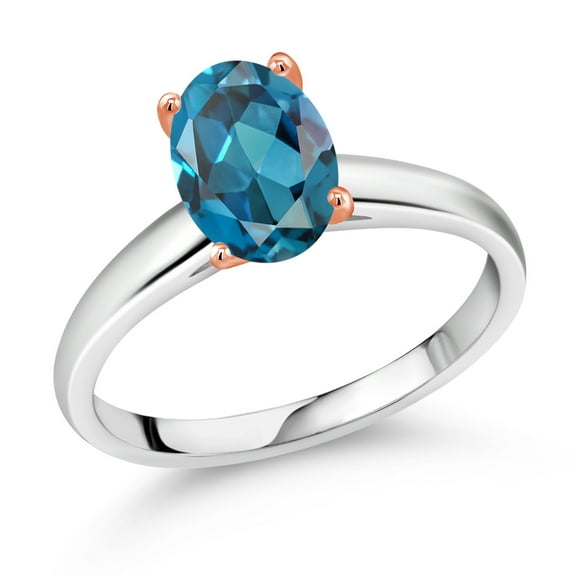 Gem Stone King 2.25 Ct Oval London Blue Topaz 10K White and Rose Gold Ring (Size 5)