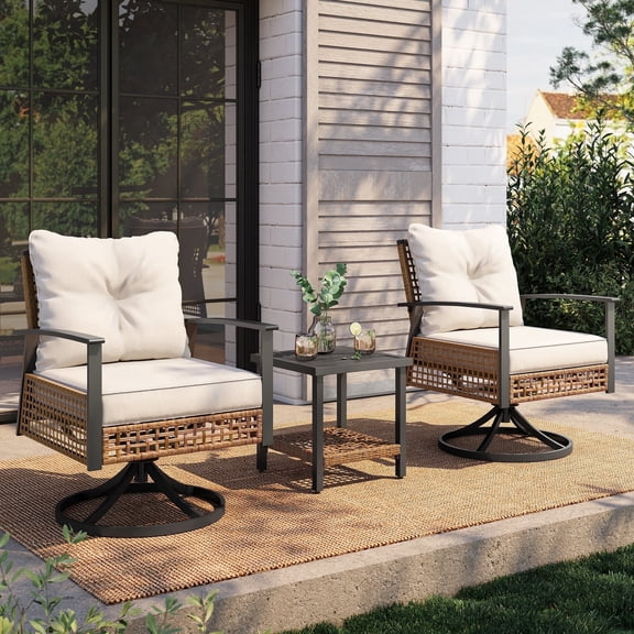 LAUSAINT HOME 3 Pieces Patio Outdoor Furniture Set with 2-Tier Coffee Table, PE Wicker Swivel & Rocking Chairs with Beige Cushions for Garden