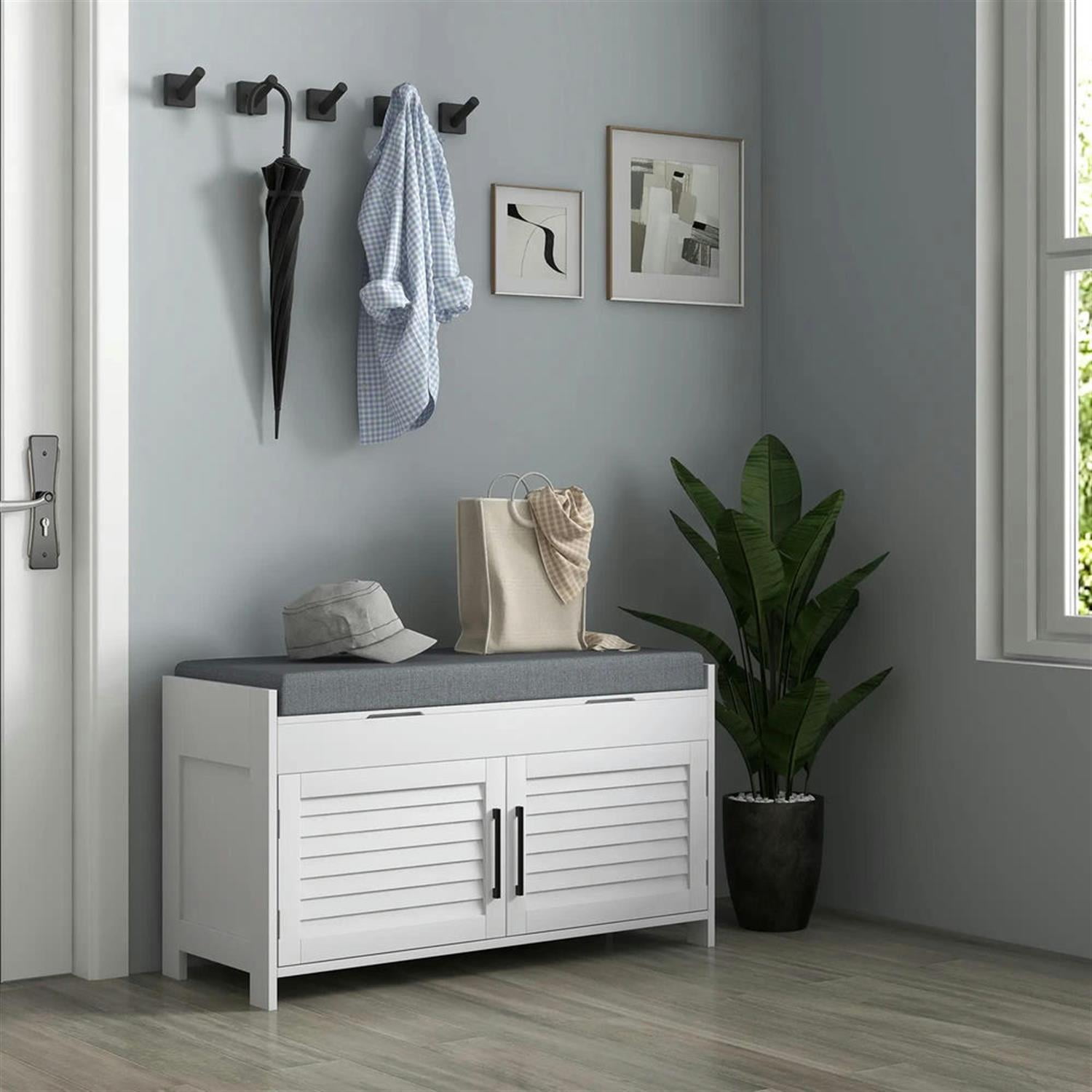 Demi Bonn 35" Modern Entryway Bench with Cushion, Hidden Storage, Shutter Doors, Adjustable Shelves, White