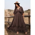 thumbnail image 4 of Coffee Brown Plus Size Casual Vacation Tie Front Ruffle Maxi Dress With V-Neck And Flared Sleeves, Spring Summer, 4 of 7