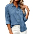 thumbnail image 5 of Vynhevius Women's Denim Shirt Jacket Lapel Long Sleeve Button‑Front Outerwear With Pockets, 5 of 9