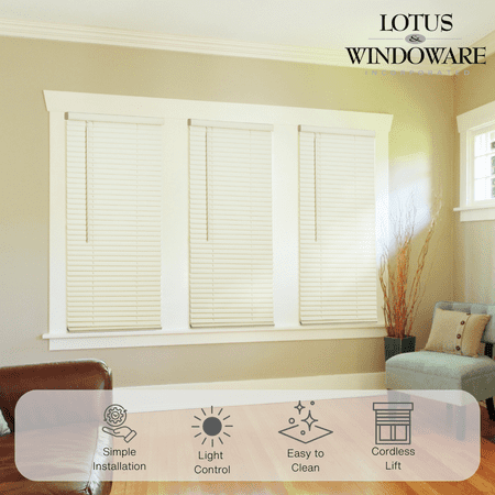 Lotus & Windoware Cordless 1 Vinyl Mini Blind Light Filtering Horizontal Blind, 59 Width x 60 Length, Alabaster, Smooth