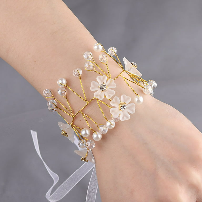 Casdre Bridal Wrist Corsage Pearl Bride Wedding Hand Flower Corsage Wristlet Wedding Accessories for Women and Girls (White)