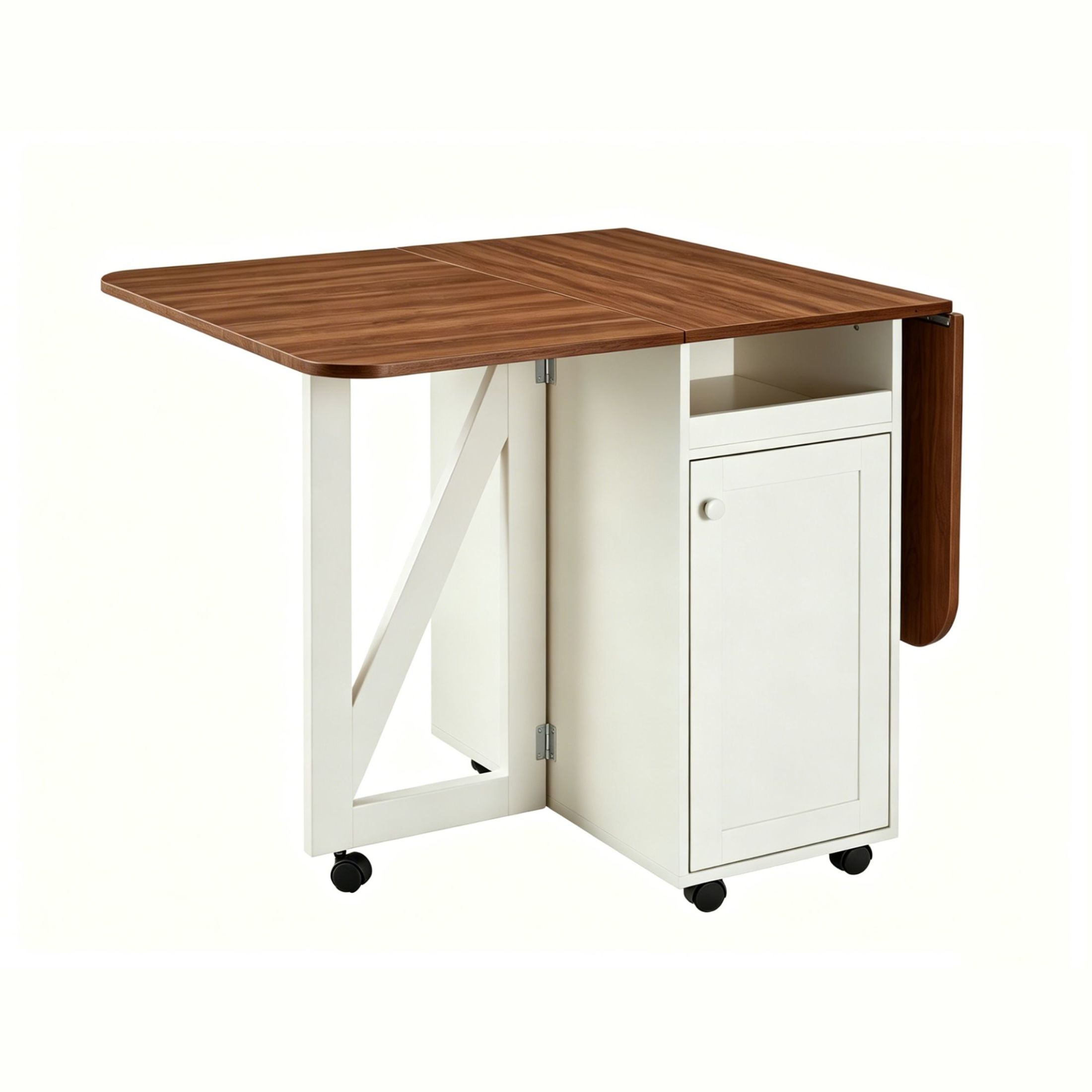 GDF Studio 50.8" Foldable Drop Leaf Dining Table with Rolling Storage Cabinet, White+Walnut