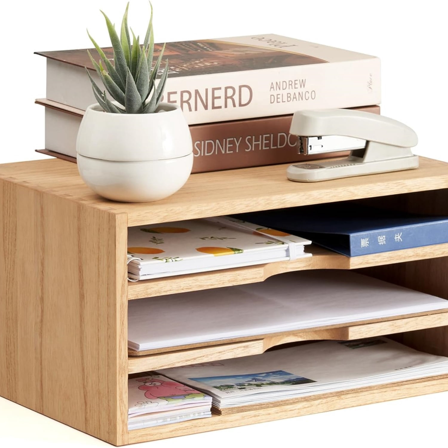 Wooden Desktop Organizer Paper Storage Letter Tray File Sorter - Desk Rack Magazine File Dividers Holders for Home Office Accessories Wood Desk Cabinet with 3 Layer Trays Natural