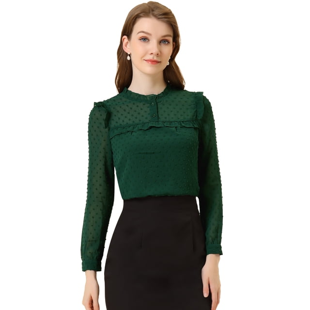 INSPIRE CHIC INSPIRE CHIC Women's Chiffon Shirts Elegant Long Sleeve Ruffle Swiss Dots Blouse Tops