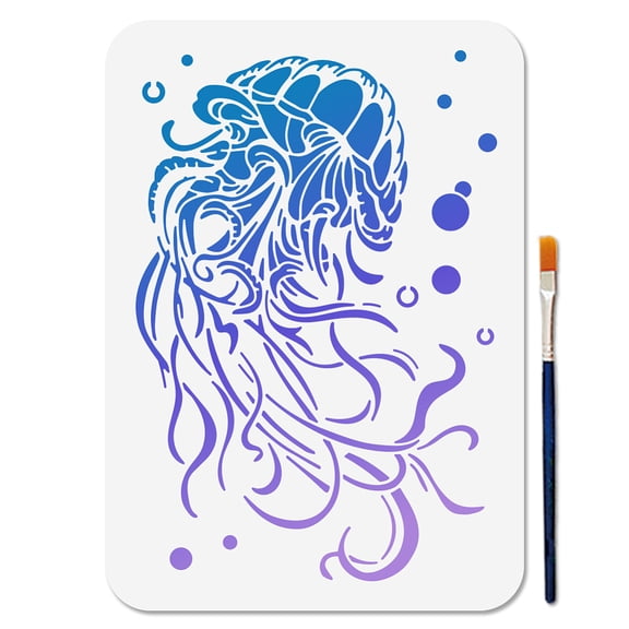Dreamy Jellyfish Stencil Reusable Summer Ocean Bubbles Stencils for Painting 11.7×8.3inch Marine Life Art Craft Templates with Paint Brush