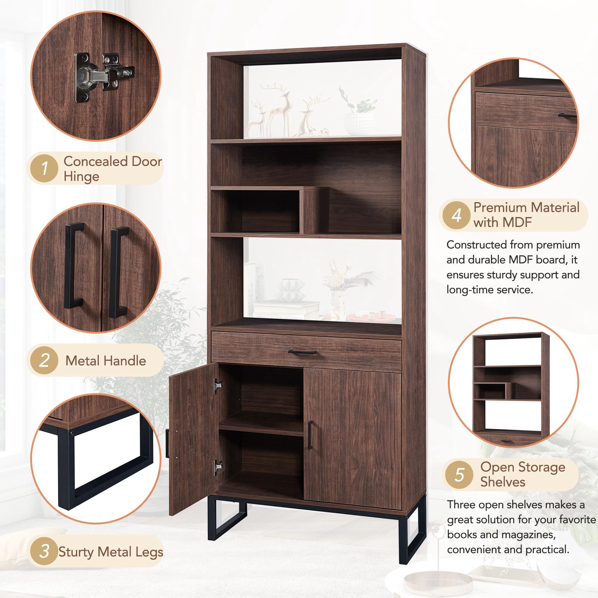 PORKISS Bookshelf with Doors, Wooden Bookcase with Storage Drawer and LED Strip Lights, Freestanding Display Rack Bookcase with Storage for Living Room and Office, Walnut