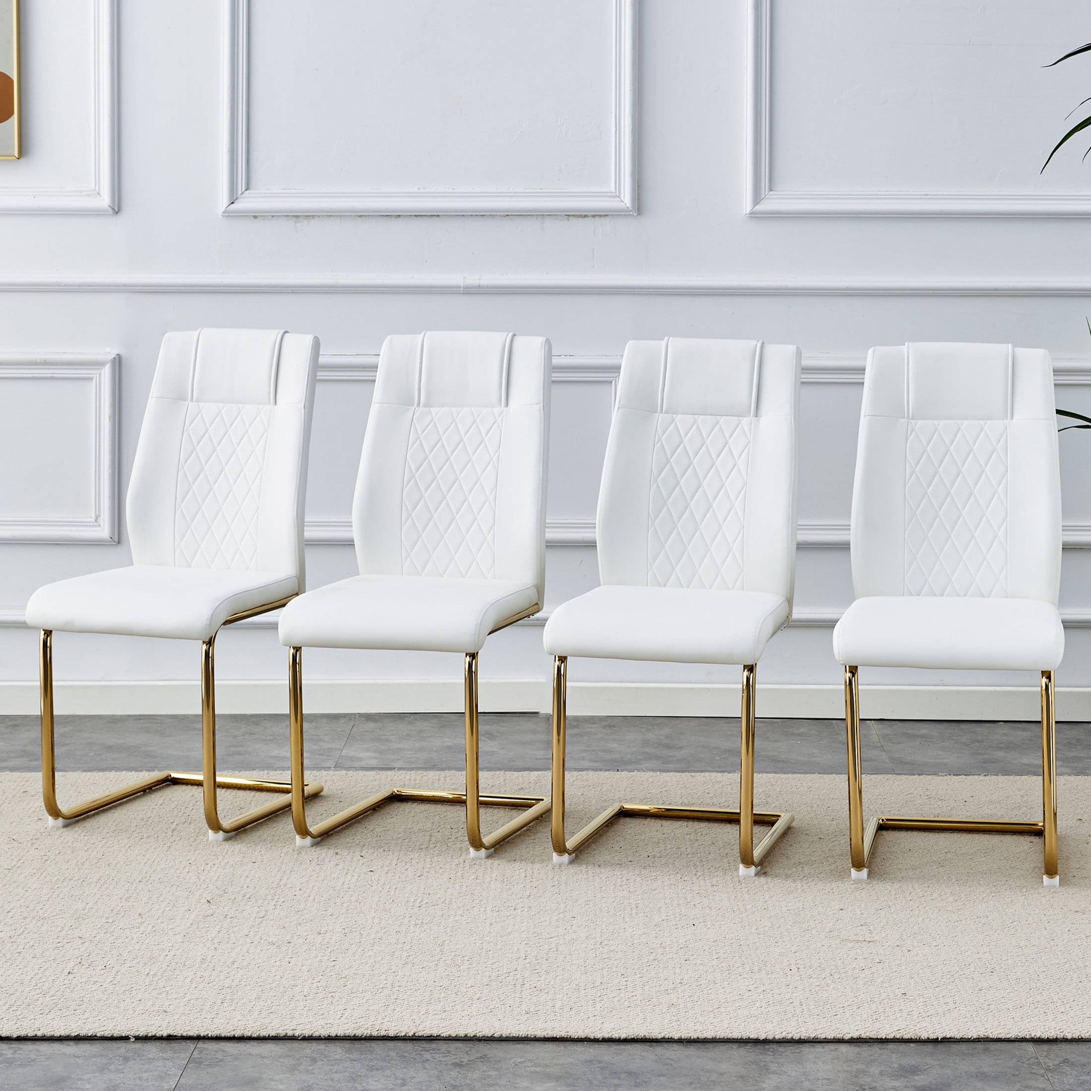 Noble House Modern Upholstered Dining Chairs, Faux Leather Padded Seat Side Chair, Golden Metal Legs, White, Set of 4