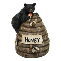Rustic Forest Black Bear Climbing On Honey Beehive with Bumblebees Figurine