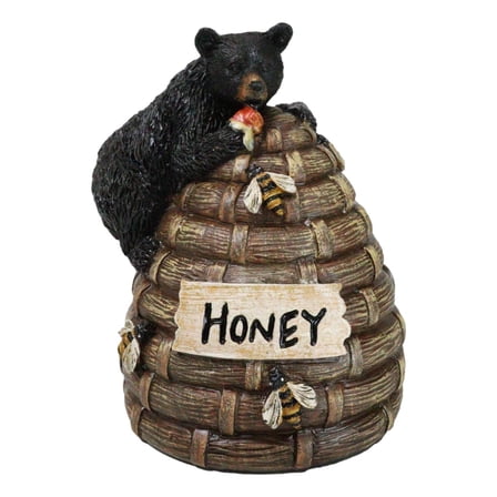Rustic Forest Black Bear Climbing On Honey Beehive with Bumblebees Figurine
