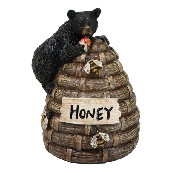Rustic Forest Black Bear Climbing On Honey Beehive with Bumblebees Figurine