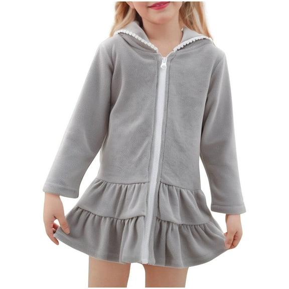Girls' Swim Cover-Up Robe Full Zip Hooded Ruffled Beach Dress Long Sleeve Lightweight Cover-Up for Beach Days & Pool Leisure (2-10Y)