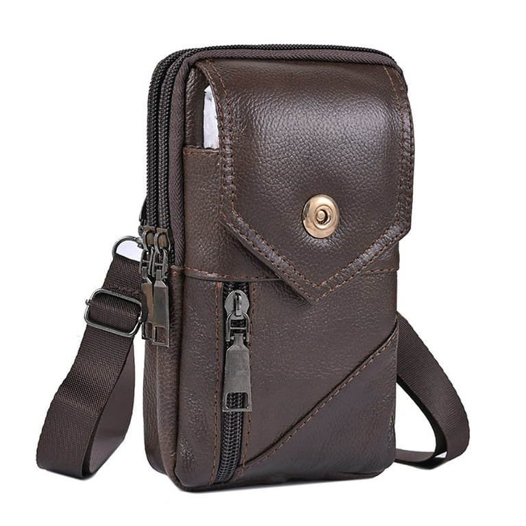 Yucurem Men Leather Waist Bag Shoulder Mobile Phone Belt Bum Pouch Dark Coffee