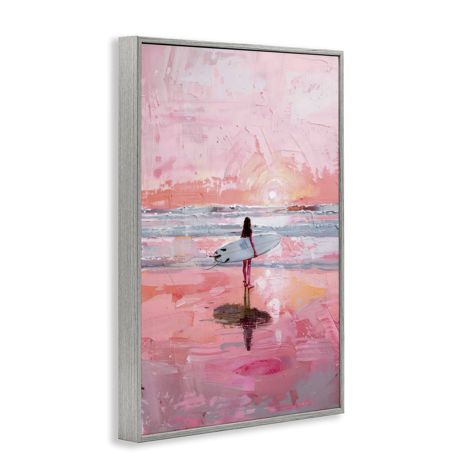 Stupell Industries Surfer at Pink Sunset Gray Framed Giclee Art, design by Creative Studio