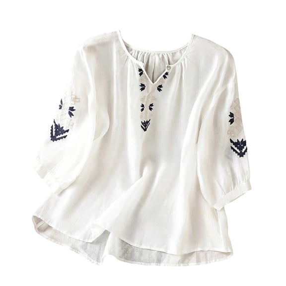 Cmfcve Tops for Women 2026 Cotton Linen T Shirts Retro Plus Size 3/4 Sleeve V Neck Embroidered Blouse