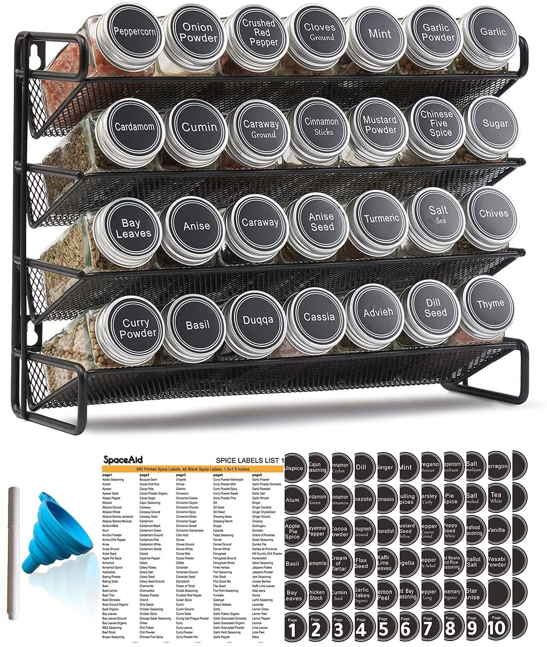 VITEVER Spice Rack with 28 Spice Jars, Organizer for Cabinet, Spice Jars  with Labels, Chalk Marker and Funnel, 4 Tier, Countertop, Pantry, Cupboard