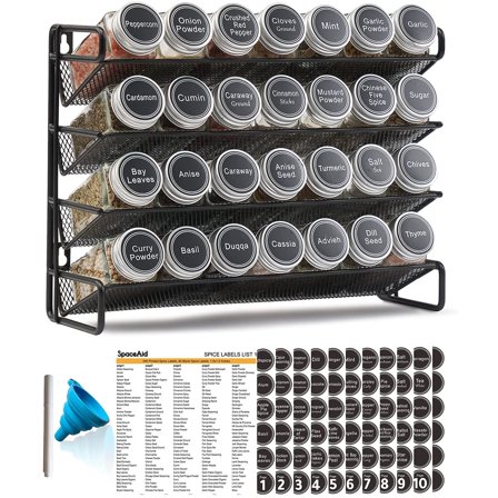 SpaceAid Spice Rack Organizer with 28 Spice Jars, 386 Spice Labels, Chalk Marker and Funnel Set for Cabinet, Countertop, Pantry, Cupboard or Door & Wall Mount - 28 Jars, 13.4" W × 10.8" H, Black