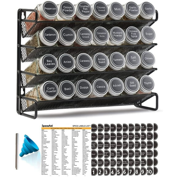 SpaceAid Spice Rack Organizer with 28 Spice Jars, 386 Spice Labels, Chalk Marker and Funnel Set for Cabinet, Countertop, Pantry, Cupboard or Door & Wall Mount - 28 Jars, 13.4" W × 10.8" H, Black