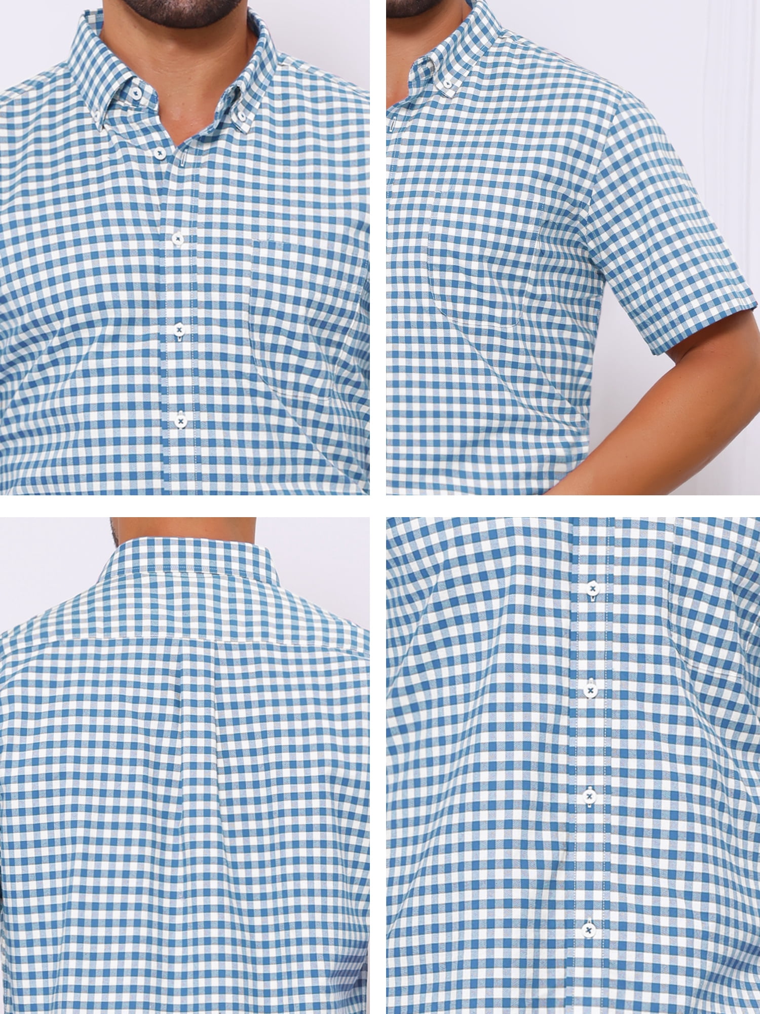 DARING DIVA Men's Point Collar Short Sleeve Button Business Plaid Shirts L Blue White