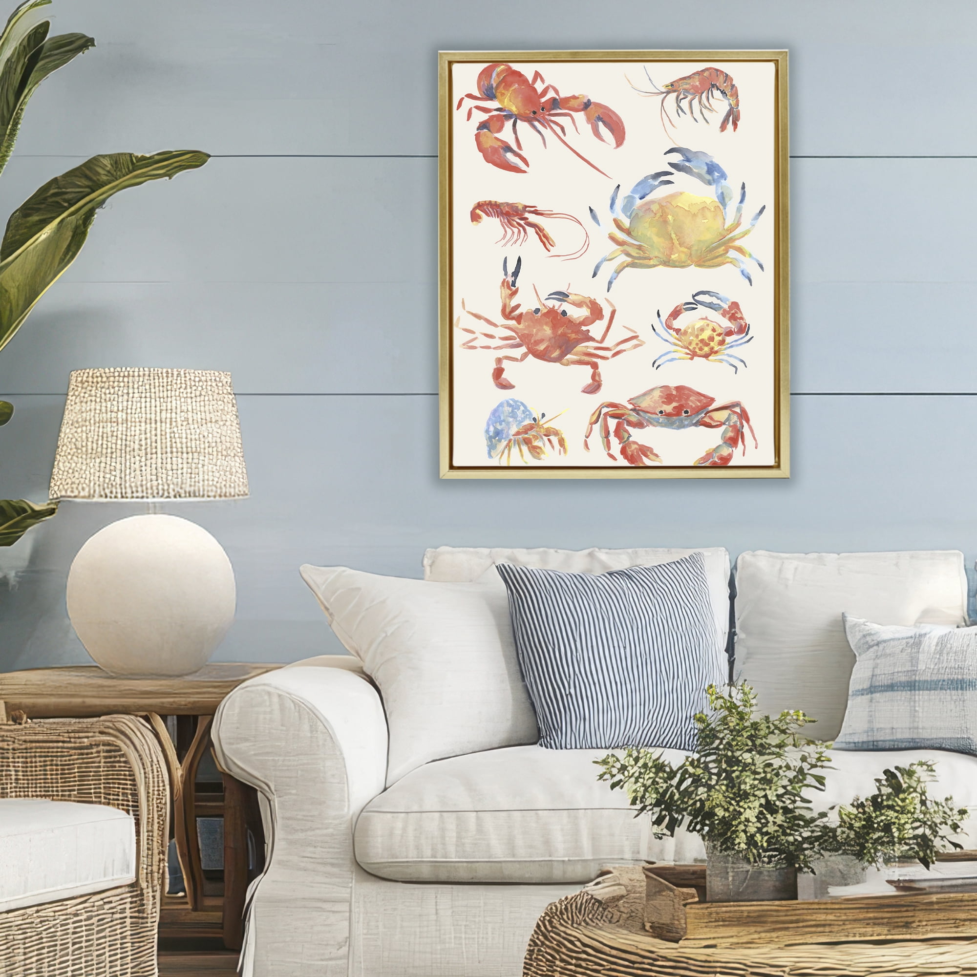 Stupell Industries Crab & Crustacean Collection Gold Framed Floater Canvas Wall Art, design by June Erica Vess