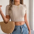 thumbnail image 7 of Olyvenn Womens Cable Knitted Crop Tee Shirts Casual Summer Short Sleeve Sweater Tops Comfy Crew Neck Cute Blouse Khaki XL, 7 of 7