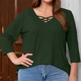 thumbnail image 3 of Lenpel Plus Size Tops for Women 3/4 Length Sleeve Criss Cross V Neck T Shirts Loose Tunic Blouses Soft Casual Tees(Green,X-Large), 3 of 6