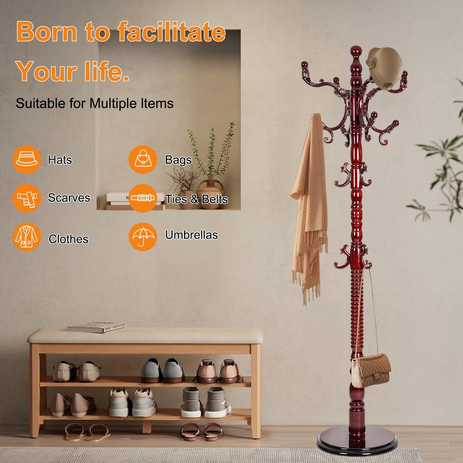 Freestanding Wooden Coat Rack, Natural Birch Wood Coat Tree with 14 Hooks, Sturdy Hall Tree for Entryway & Office