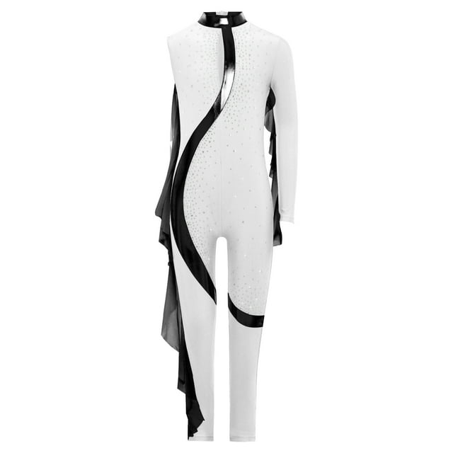 Aislor Girls Gymnastics Unitard Costume Rhinestone Metallic Patchwork Long Sleeve Jumpsuit for Ballet Dance 6-16 Years White 12