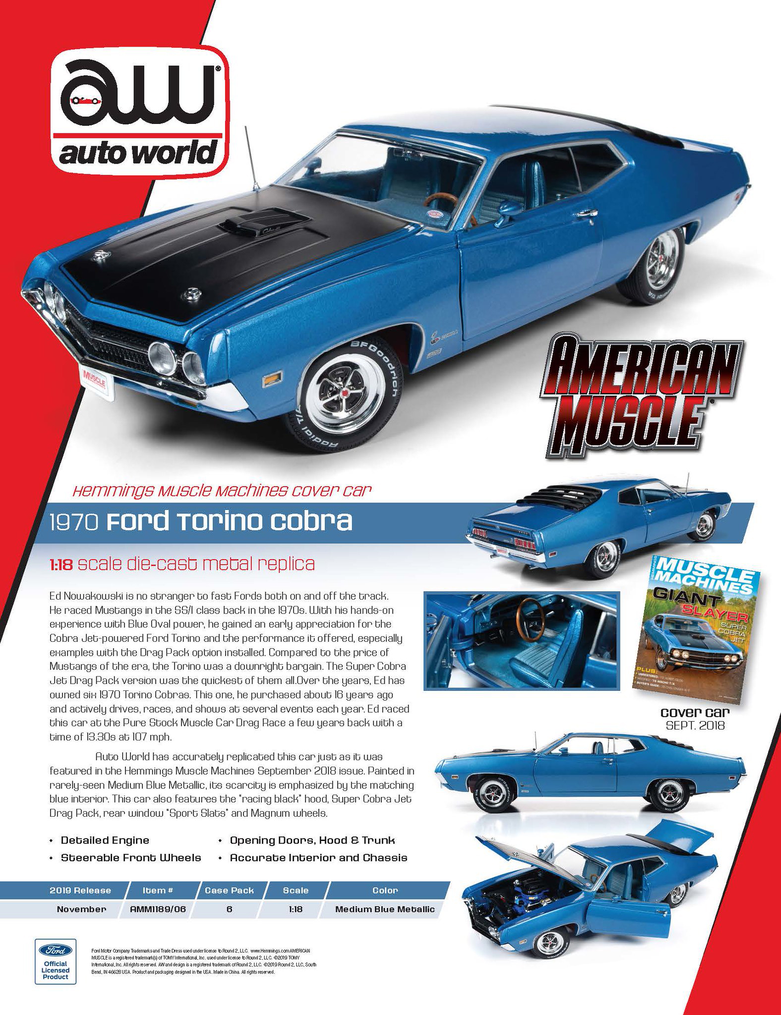 Auto World Ford Torino Cobra 1970 In Scala 1:18, Verde/nero, Modello In Metallo - Per Collezionisti