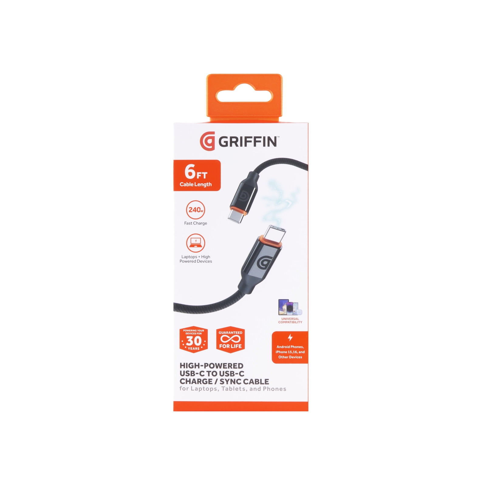 Griffin 10FT High-Powered USB-C to USB-C Charge & Sync Cable - Fast Charging for Laptops, Tablets, Phones, USB-C Cable, Durable Braided Cable, Universal Compatibility, 240W Power Delivery