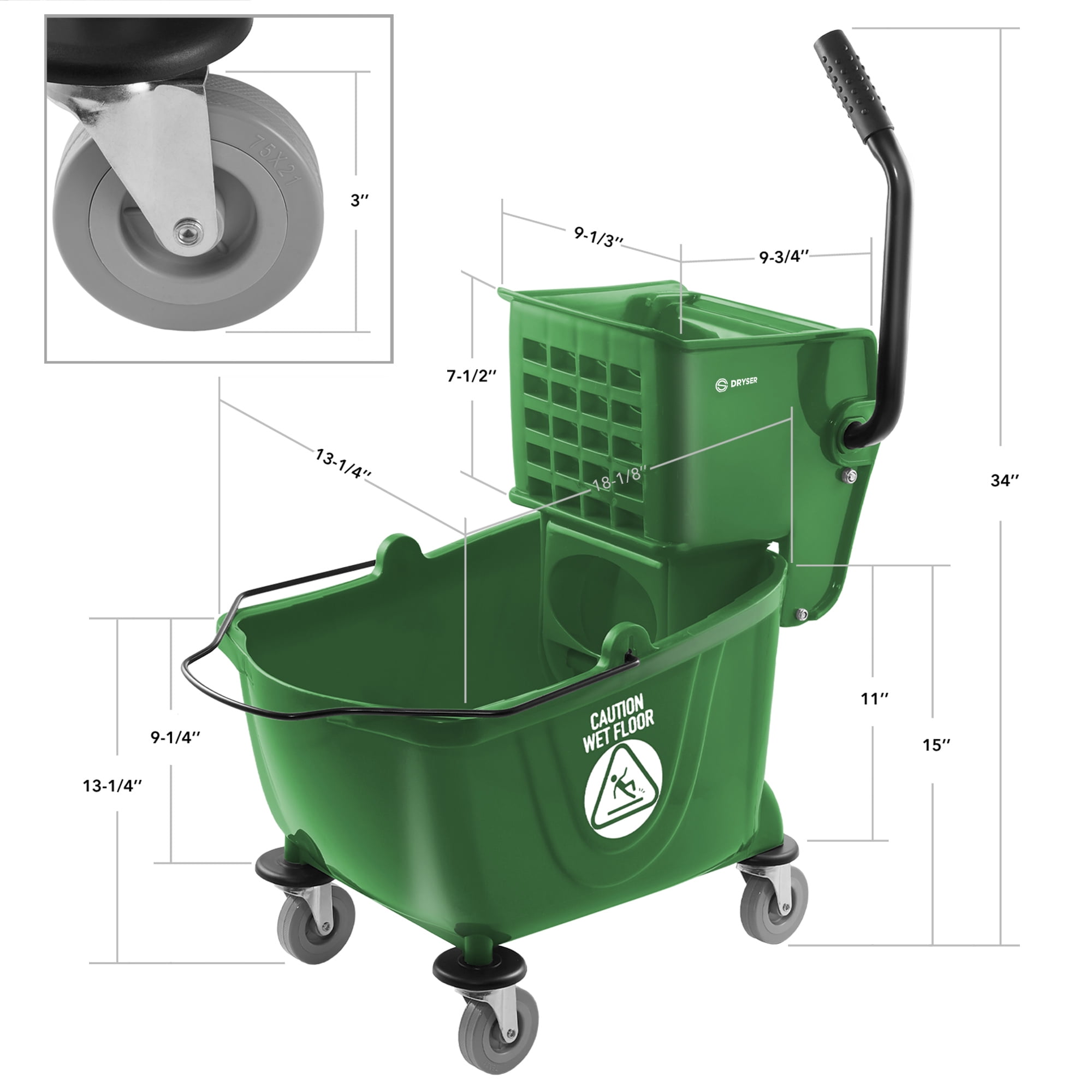 Dryser Commercial Mop Bucket with Side Press Wringer, 26 Quart, Green