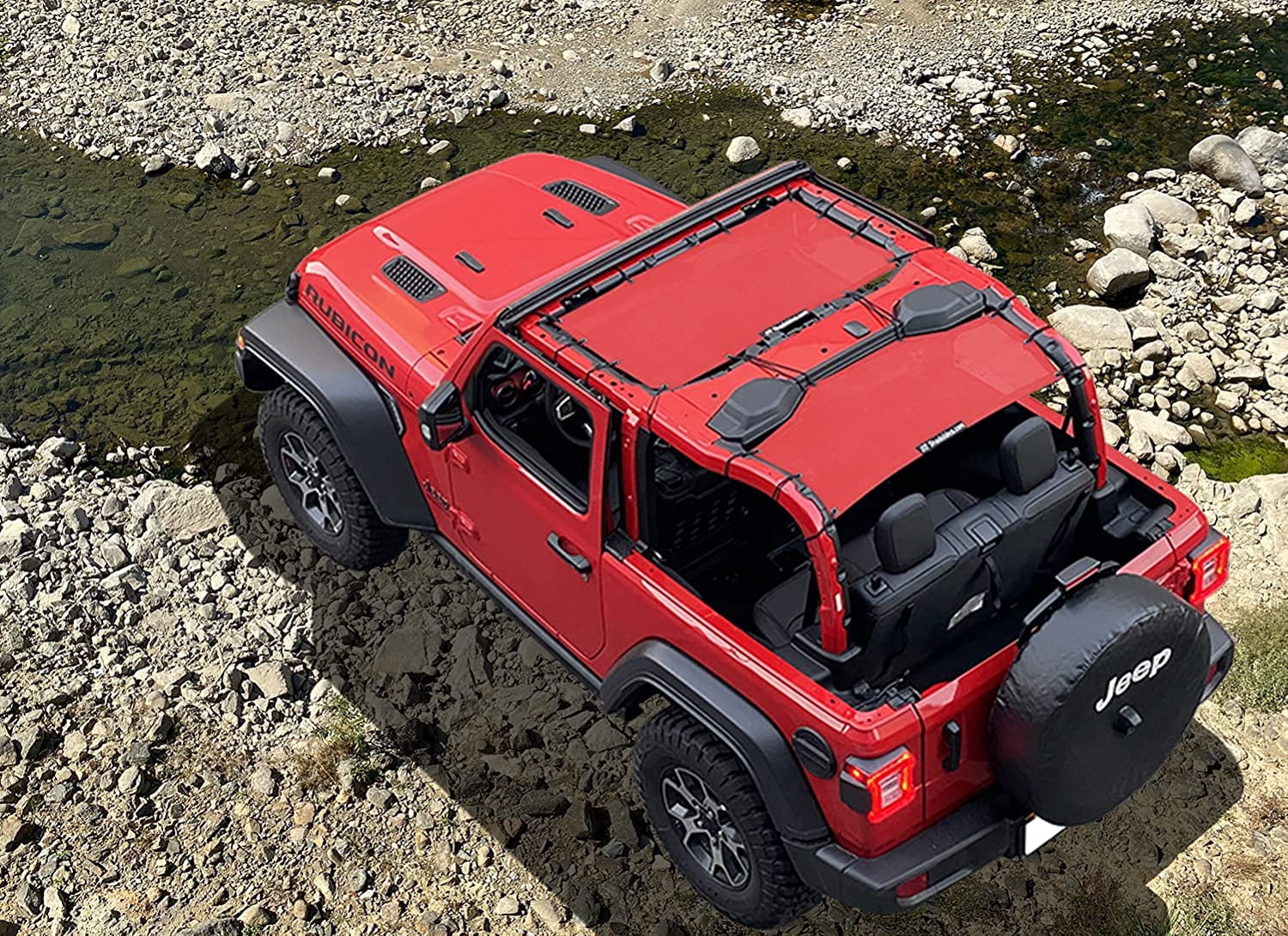 Shadeidea JL Sun Shade for Jeep Wrangler 2 Door Top Sunshade ( 2018 - Current ), Front & Rear - Cherry Red Mesh Screen Wrangler Cover, UV Blocker with Grab Bag Pouch - 10 Years Warranty