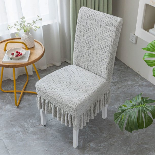 Cubierta de silla de comedor con falda, cojín de respaldo, cubierta de silla de comedor integrada, cubierta de silla de comedor Qingteng con falda - Gris claro