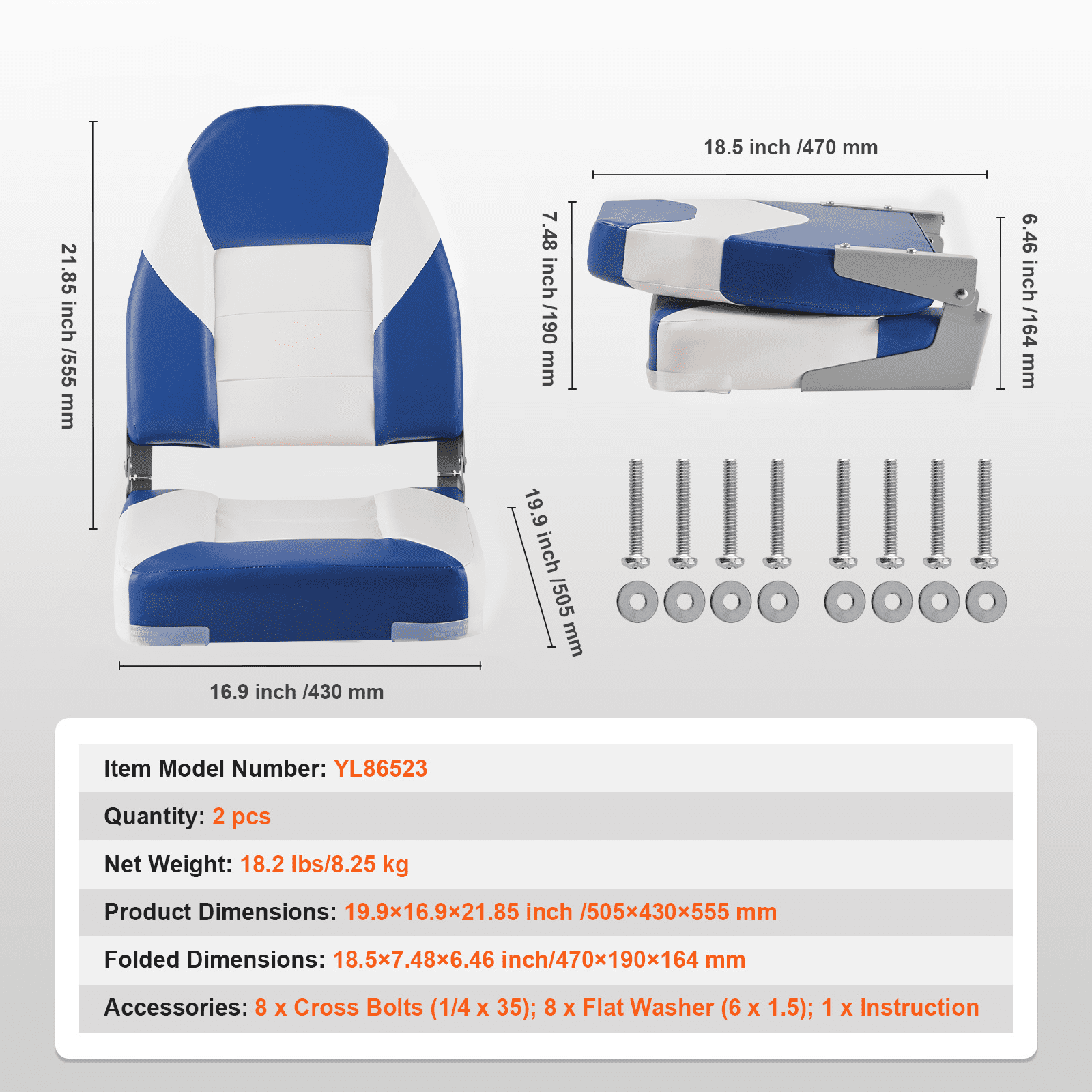 KFFKFF Marine Seats, 21.85" High-Back Folding Seats, Enhanced Sponge Cushion & Hinge Design, Foldable Captain Chairs for Fishing, Sightseeing, Speedboats & Canoes, Set of 2