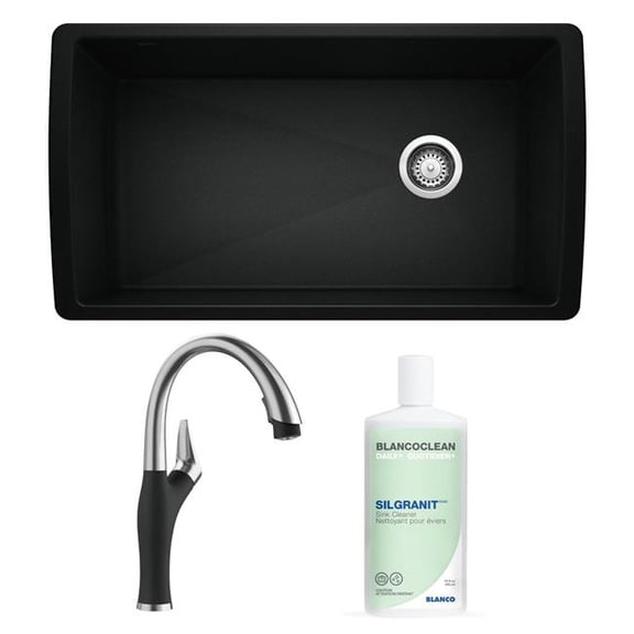 Diamond Super Single Kitchen Sink Bundle with Faucet and Sink Cleaner - Coal Black