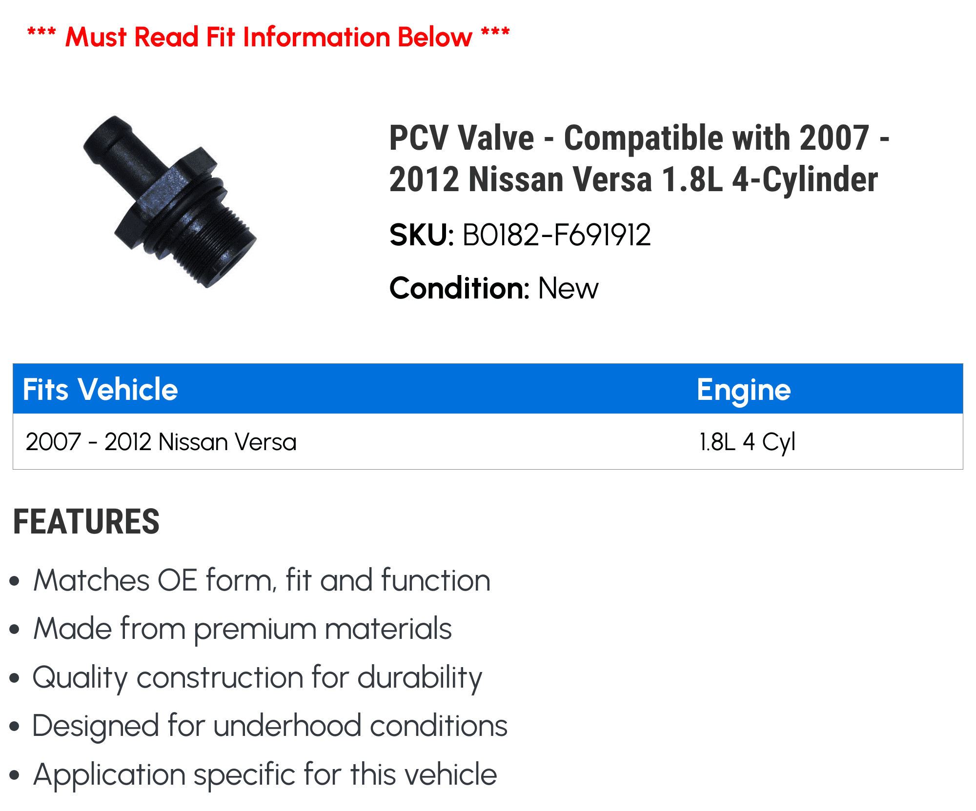 PCV Valve - Compatible with 2007 - 2012 Nissan Versa 1.8L 4-Cylinder 2008 2009 2010 2011